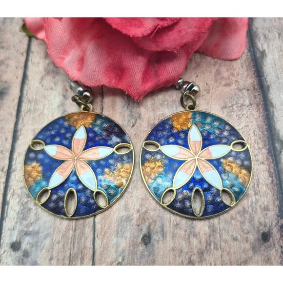 Vintage Chinese Cloisonne Large 1.5" Dangle Round Earrings Pierced Beach Summer - Picture 1 of 4